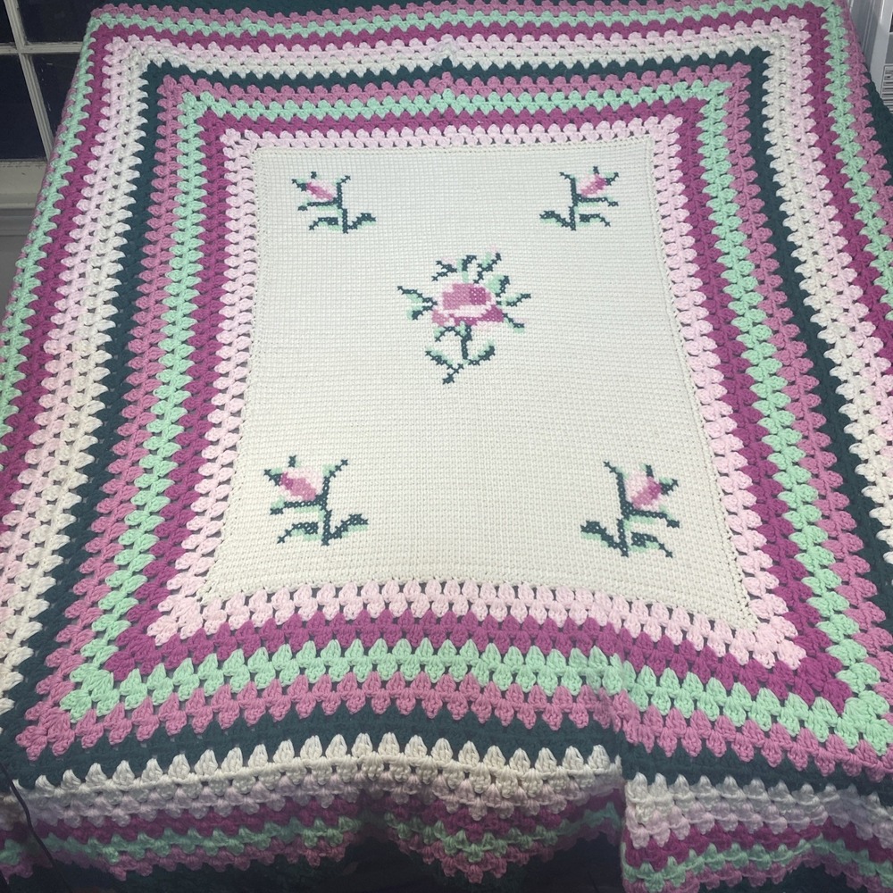 Vintage Crochet Afghan Throw Blanket Handmade Beige Pink Green Flowers 53x59"